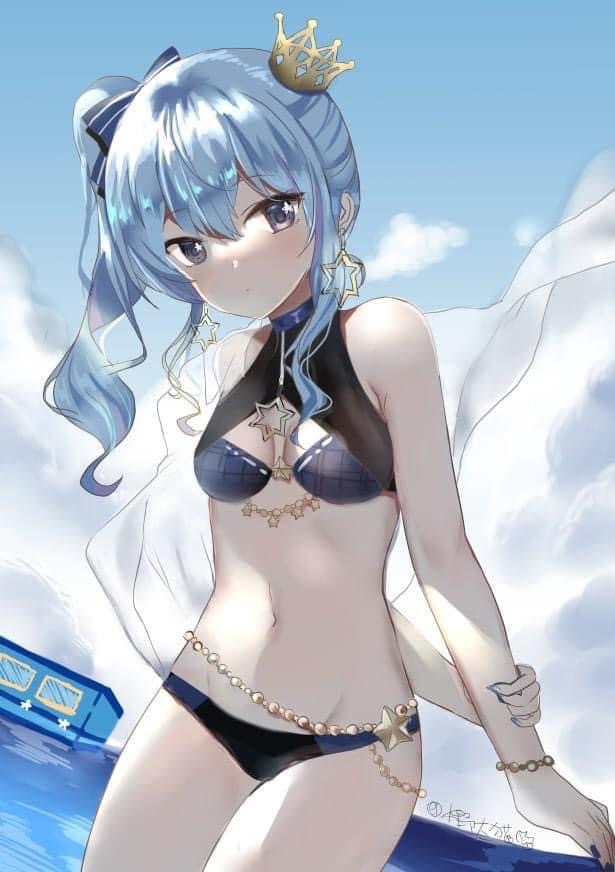 1girl bangs bikini blue_eyes blue_hair blue_nails breasts clouds cloudy_sky crown day earrings eyebrows_visible_through_hair fingernails groin hair_between_eyes hair_ornament hair_ribbon hololive hoshimachi_suisei jewelry long_hair looking_at_viewer lunacats mini_crown navel ocean outdoors ribbon side_ponytail sky small_breasts solo star-shaped_pupils star_(symbol) swimsuit symbol-shaped_pupils thighs virtual_youtuber water