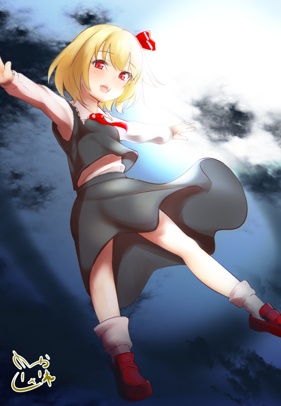 1girl bangs black_skirt black_vest blonde_hair blush collared_shirt commentary_request cravat eyebrows_visible_through_hair frilled_shirt_collar frills full_body hair_between_eyes hair_ribbon highres looking_at_viewer open_mouth outstretched_arms red_eyes red_footwear red_neckwear red_ribbon ribbon rumia shirt shoes short_hair signature skirt socks solo spread_arms touhou usaka_ray vest white_legwear white_shirt