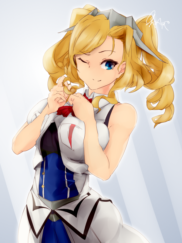 1girl ascot blonde_hair blue_eyes breast_pocket breasts commentary_request cowboy_shot drill_hair headgear honolulu_(kancolle) kantai_collection large_breasts long_hair looking_at_viewer one-hour_drawing_challenge one_eye_closed pocket red_neckwear righgi signature sleeveless sleeveless_jacket solo twin_drills twintails
