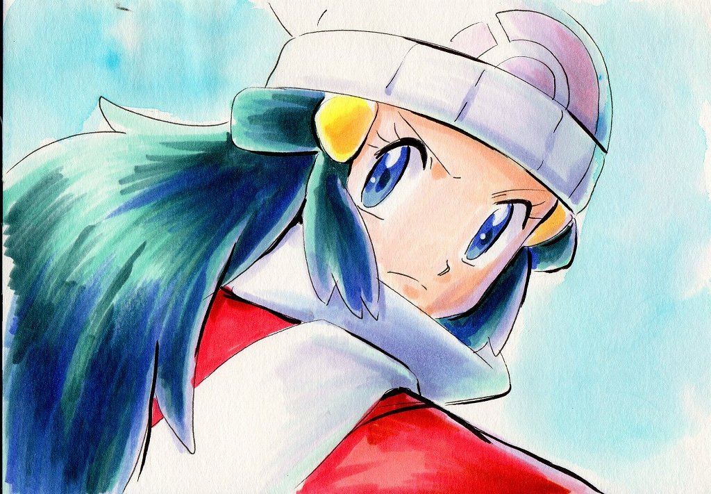 1girl beanie blue_eyes blue_hair closed_mouth coat commentary_request hikari_(pokemon) eyelashes frown green_hair hair_ornament hairclip hat iwane_masaaki long_hair looking_back multicolored_hair pokemon pokemon_(game) pokemon_dppt pokemon_platinum red_coat scarf sketch solo upper_body white_headwear white_scarf winter_clothes