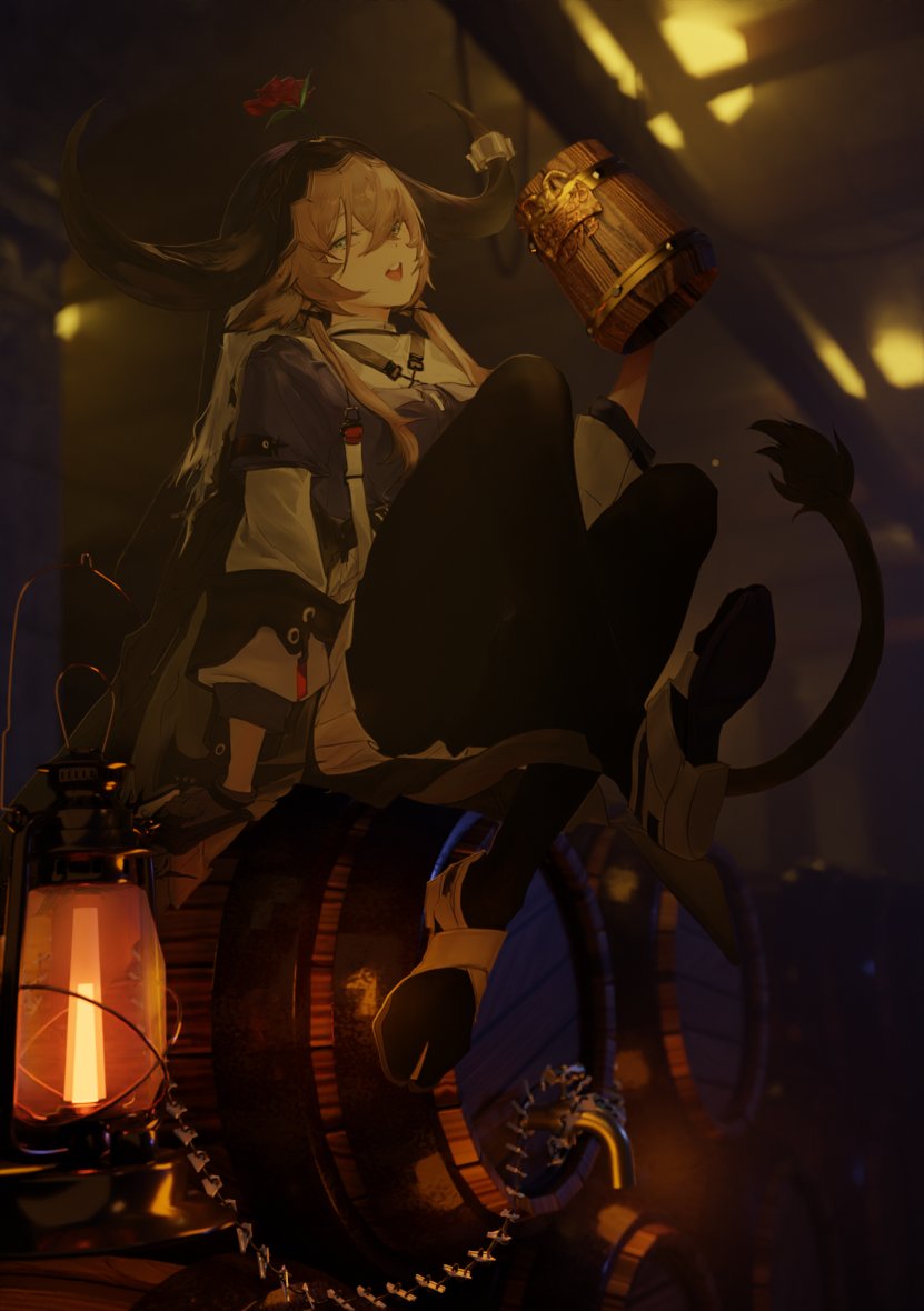 1girl :d animal_ears arknights barrel black_legwear brown_hair ceiling_light commentary_request cow_ears cow_girl cow_horns cow_tail cup flower full_body green_eyes holding holding_cup horn_ornament horn_ring horns indoors kuma20151225 lantern long_sleeves looking_at_viewer miniskirt open_mouth pallas_(arknights) pleated_skirt purple_shirt red_flower red_rose rose shirt short_hair_with_long_locks sidelocks sitting skirt smile solo tail white_footwear white_skirt