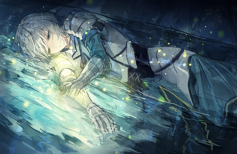 1boy armor bedivere_(fate) commentary_request fate/grand_order fate_(series) fireflies gloves glowing green_eyes knight long_hair looking_down lying mura_karuki smile solo water wet