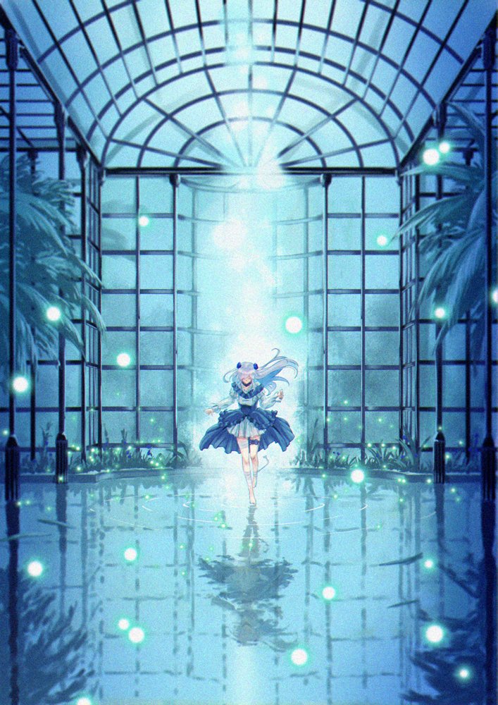 1girl ataru_(cha2batake) bare_legs blue_dress blue_hair bug dancing dress fireflies firefly hair_ornament indoors insect leg_belt long_hair moonlight night original reflection solo standing tree water_surface window