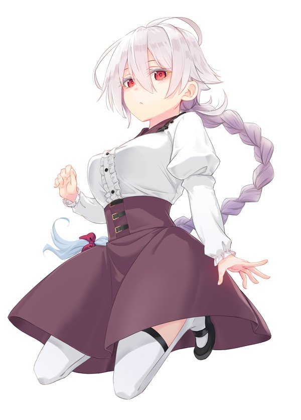 1girl ahoge ataru_(cha2batake) bangs blouse braid braided_ponytail breasts dress eyebros eyebrows_visible_through_hair hair_between_eyes hair_ribbon jumping long_hair looking_at_viewer original red_eyes ribbon shirt silver_hair simple_background solo thigh-highs white_background white_legwear