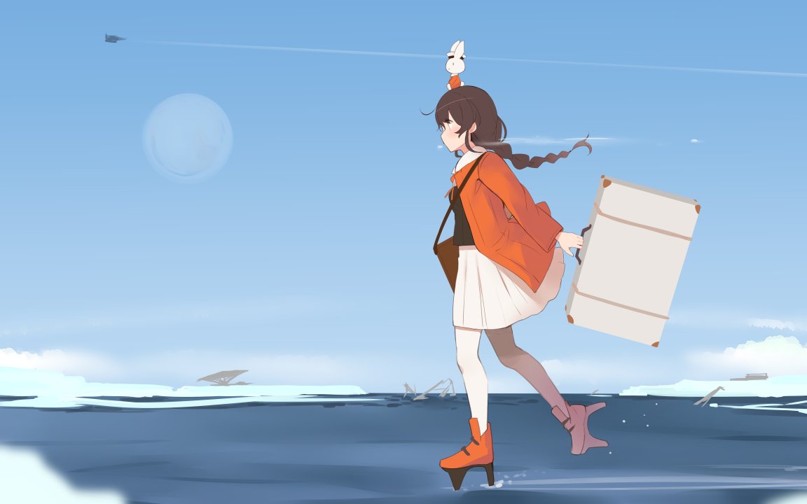 1girl animal_on_head bag bangs blush braid breasts briefcase brown_hair bunny_on_head crossover day from_side holding ice jacket kantai_collection long_hair long_sleeves miffy miffy_(character) on_head orange_footwear orange_jacket outdoors pantyhose pleated_skirt profile rabbit rudder_footwear shin_(new) shoulder_bag sidelocks single_braid skirt sky small_breasts souya_(kancolle) water white_legwear white_skirt