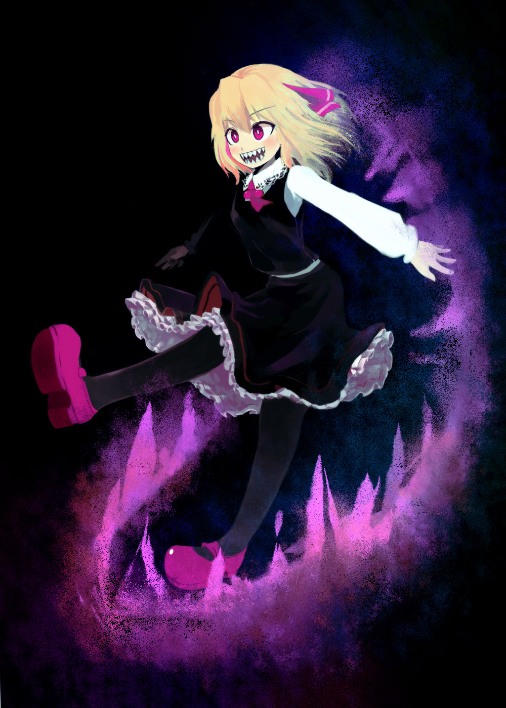 1girl :d arms_up ascot bangs beads black_legwear black_skirt black_vest blonde_hair blush breasts bright_pupils commentary_request dark_background darkness eyebrows_visible_through_hair floating_hair full_body hair_ribbon highres lace_trim leg_up long_sleeves looking_ahead mary_janes open_mouth pantyhose perspective petticoat puffy_sleeves red_eyes red_footwear red_neckwear red_ribbon ribbon rumia sharp_teeth shoes short_hair simple_background skirt small_breasts smile solo standing standing_on_one_leg suisa teeth touhou vest white_pupils