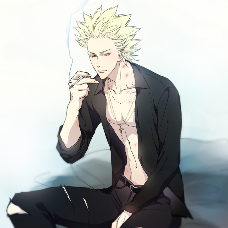 1boy belt belt_buckle bite_mark black_pants black_shirt blonde_hair buckle cigarette cross cross_necklace expressionless holding holding_cigarette jewelry male_focus navel necklace one_outs open_clothes open_shirt pants shirt sic77 sitting smoke solo spiky_hair tokuchi_toua torn_clothes torn_pants