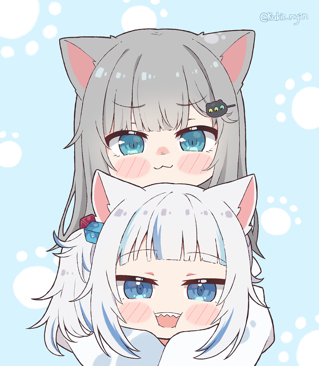 2girls animal_ears bangs blue_eyes blue_hair blush cat_ears cat_girl commentary crossover english_commentary gawr_gura grey_hair hair_ornament hairclip highres hololive hololive_english hug hug_from_behind indie_virtual_youtuber kukie-nyan long_hair looking_at_viewer multicolored_hair multiple_girls nacho_(amashiro_natsuki) open_mouth sharp_teeth silver_hair streaked_hair teeth virtual_youtuber