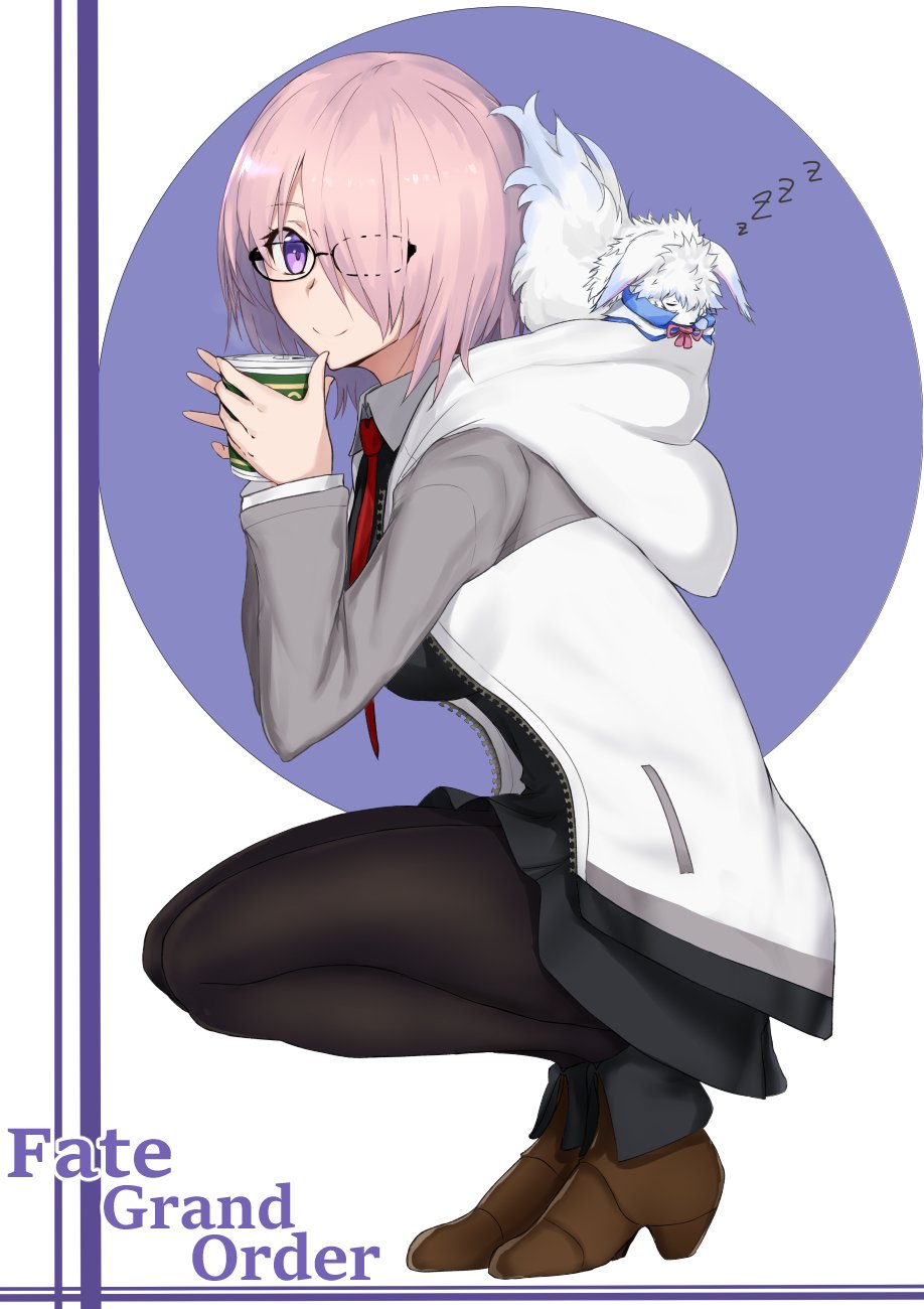 1girl akatsuki_ikki animal_ears bangs black_legwear coat cup eyebrows_behind_hair eyebrows_visible_through_hair fate/grand_order fate_(series) fou_(fate) garter_straps hair_over_one_eye highres holding holding_cup looking_at_viewer necktie purple_hair shirt short_hair sleeping smile solo squatting tail thigh-highs violet_eyes