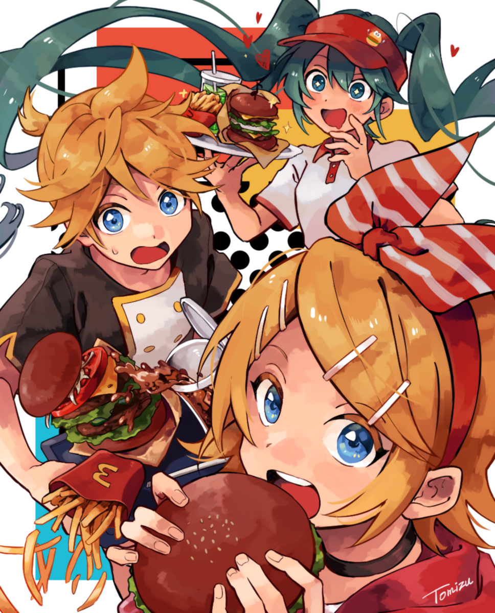 +_+ 1boy 2girls ahoge aqua_eyes aqua_hair blonde_hair blue_eyes bow burger buttons choker cup disposable_cup double-breasted drinking_straw drooling dropping eating employee_uniform fast_food fast_food_uniform flying_heart food french_fries hair_bow hair_ornament hairclip hatsune_miku heart highres holding holding_food holding_plate hood hoodie imminent_bite kagamine_len kagamine_rin long_hair looking_at_viewer mcdonald's mouth_drool multiple_girls open_mouth plate red_hoodie short_hair short_ponytail sparkling_eyes star-shaped_pupils star_(symbol) striped striped_bow sweatdrop symbol-shaped_pupils tomizu twintails two-tone_shirt uniform very_long_hair visor_cap vocaloid