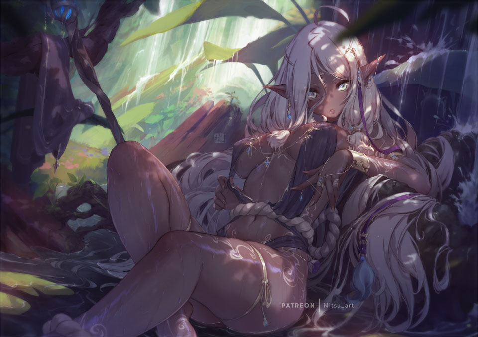 1girl ahoge bangs bare_legs bracelet breasts breasts_apart center_opening commentary dark-skinned_female dark_elf dark_skin earrings elf english_commentary jewelry large_breasts long_hair looking_at_viewer midriff mitsu_(mitsu_art) navel original outdoors parted_lips patreon_username plant pointy_ears revealing_clothes ring rope sitting solo staff tattoo thigh_strap very_long_hair water waterfall wet white_hair