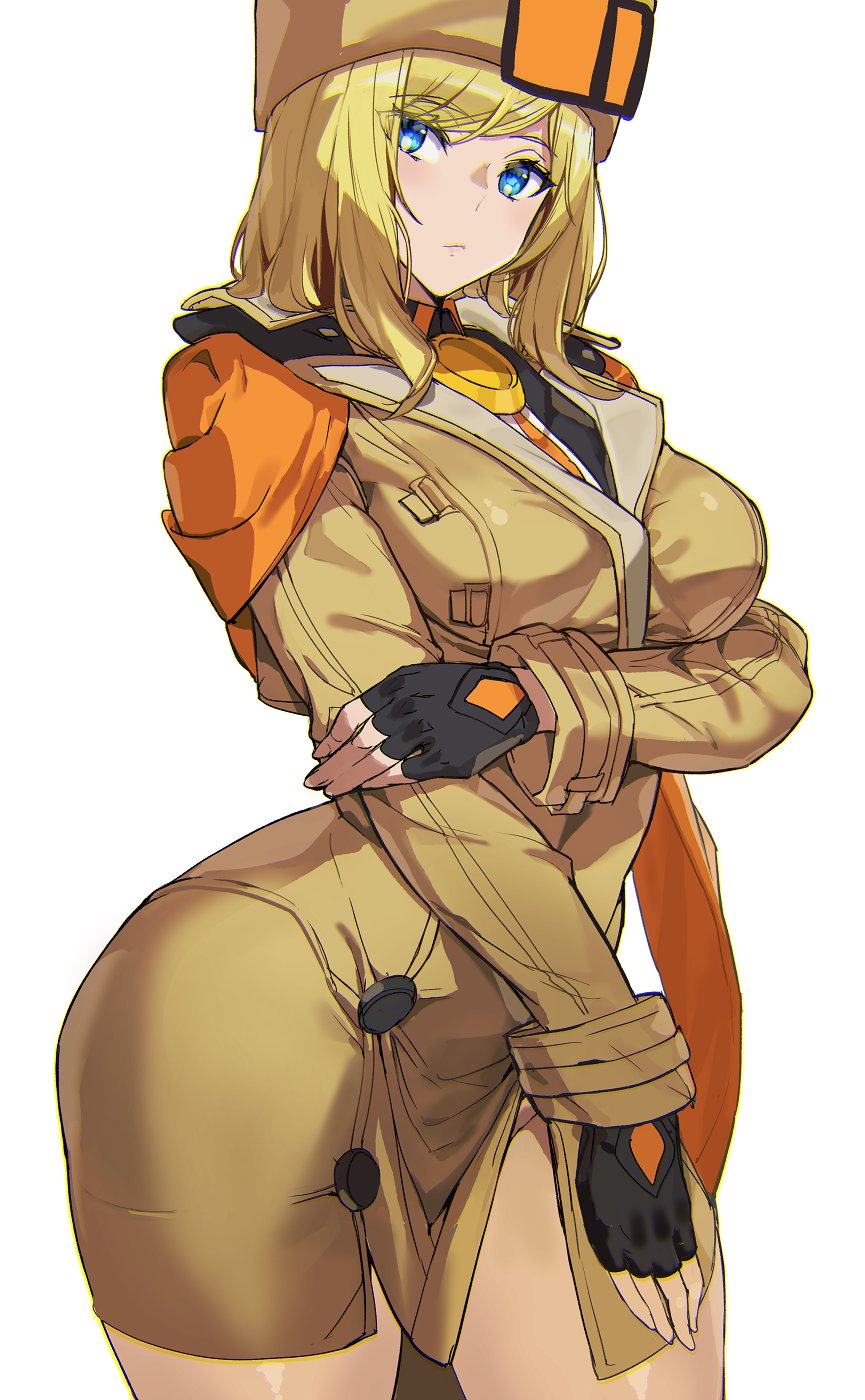 1boy 1girl ashiomi_masato bangs black_gloves blonde_hair blue_eyes breasts collared_shirt curvy dress eyebrows_visible_through_hair fingerless_gloves fur_hat gloves guilty_gear guilty_gear_strive hat highres holding_own_arm large_breasts looking_to_the_side millia_rage no_legwear shirt standing thighs ushanka white_background yellow_dress yellow_headwear