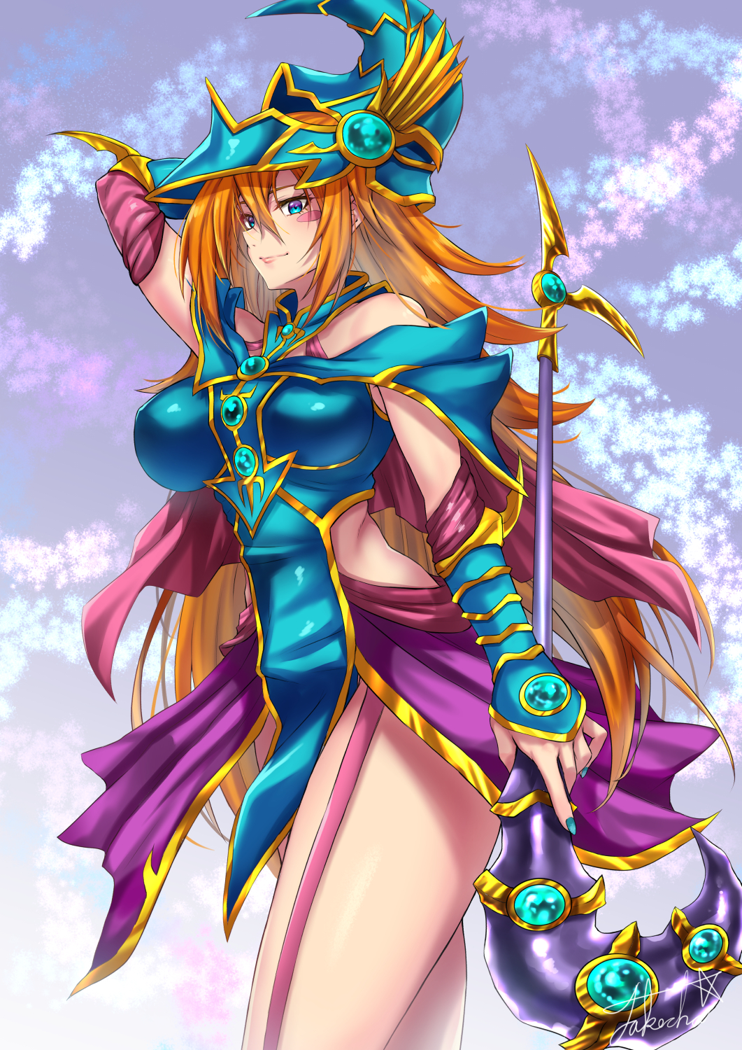 1girl arm_up bangs bare_shoulders blue_eyes blush blush_stickers breasts brown_hair closed_mouth duel_monster gloves green_eyes hat highres large_breasts lipgloss long_hair magician's_valkyria signature solo takecha wand witch_hat wizard_hat yu-gi-oh!