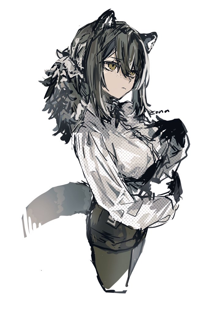 1girl animal_ears arknights artist_name black_gloves black_legwear black_shorts brown_hair conallixxc cowboy_shot cropped_legs gloves hair_between_eyes legwear_under_shorts long_hair ponytail raccoon_ears raccoon_girl raccoon_tail robin_(arknights) shirt shorts solo tail white_shirt yellow_eyes