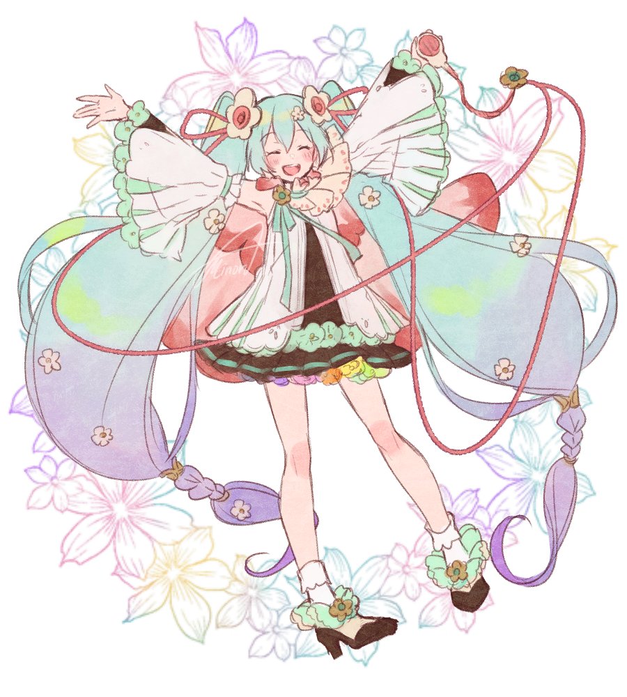 1girl absurdly_long_hair aqua_flower aqua_hair armpits arms_up asagao_minoru black_skirt black_sleeves braid cable closed_eyes commentary detached_sleeves facing_viewer floral_background flower full_body gradient_hair green_flower hair_flower hair_ornament hairclip hatsune_miku high_heels holding holding_microphone layered_sleeves long_hair magical_mirai_(vocaloid) microphone miniskirt multicolored_hair open_mouth orange_flower outstretched_arms pleated_skirt purple_flower purple_hair rainbow shirt skirt sleeveless sleeveless_shirt smile solo twin_braids twintails very_long_hair vocaloid white_background white_flower white_shirt white_sleeves yellow_flower