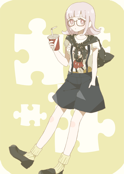 1girl alternate_costume bangs black_footwear blunt_bangs bright_pupils character_print commentary_request cup dangan_ronpa_(series) dangan_ronpa_2:_goodbye_despair disney drinking_straw flipped_hair full_body glasses holding holding_cup loafers long_sleeves looking_at_viewer loose_socks medium_hair mickey_mouse mikuni_(open-ranka) nanami_chiaki pink_eyes pink_hair puzzle_piece shirt shoes short_sleeves shorts simple_background socks solo standing suspender_shorts suspenders white_pupils