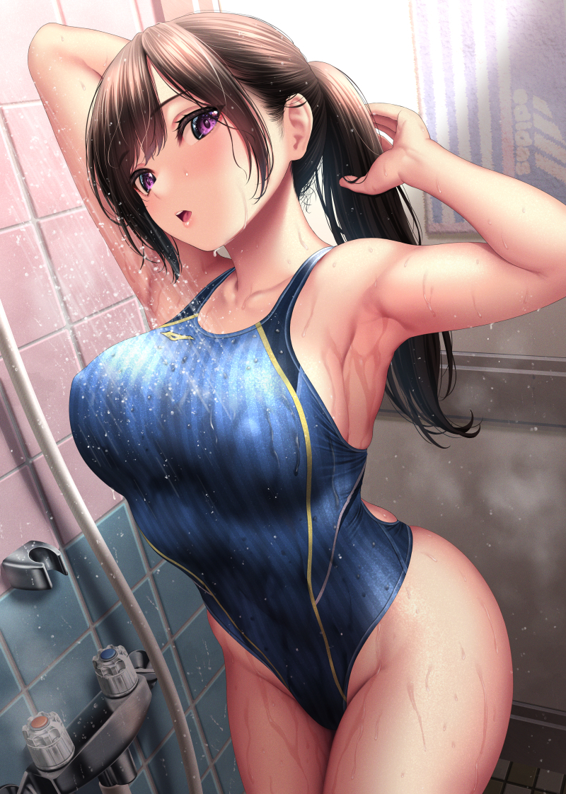 1girl arm_behind_head armpits bangs black_hair blue_swimsuit breasts commentary_request competition_swimsuit covered_nipples cowboy_shot eyebrows_visible_through_hair groin highleg highleg_swimsuit holding holding_hair indoors kase_daiki large_breasts long_hair looking_at_viewer one-piece_swimsuit open_mouth original ponytail shower_(place) shower_head solo standing striped striped_swimsuit swimsuit violet_eyes wet wet_clothes wet_swimsuit