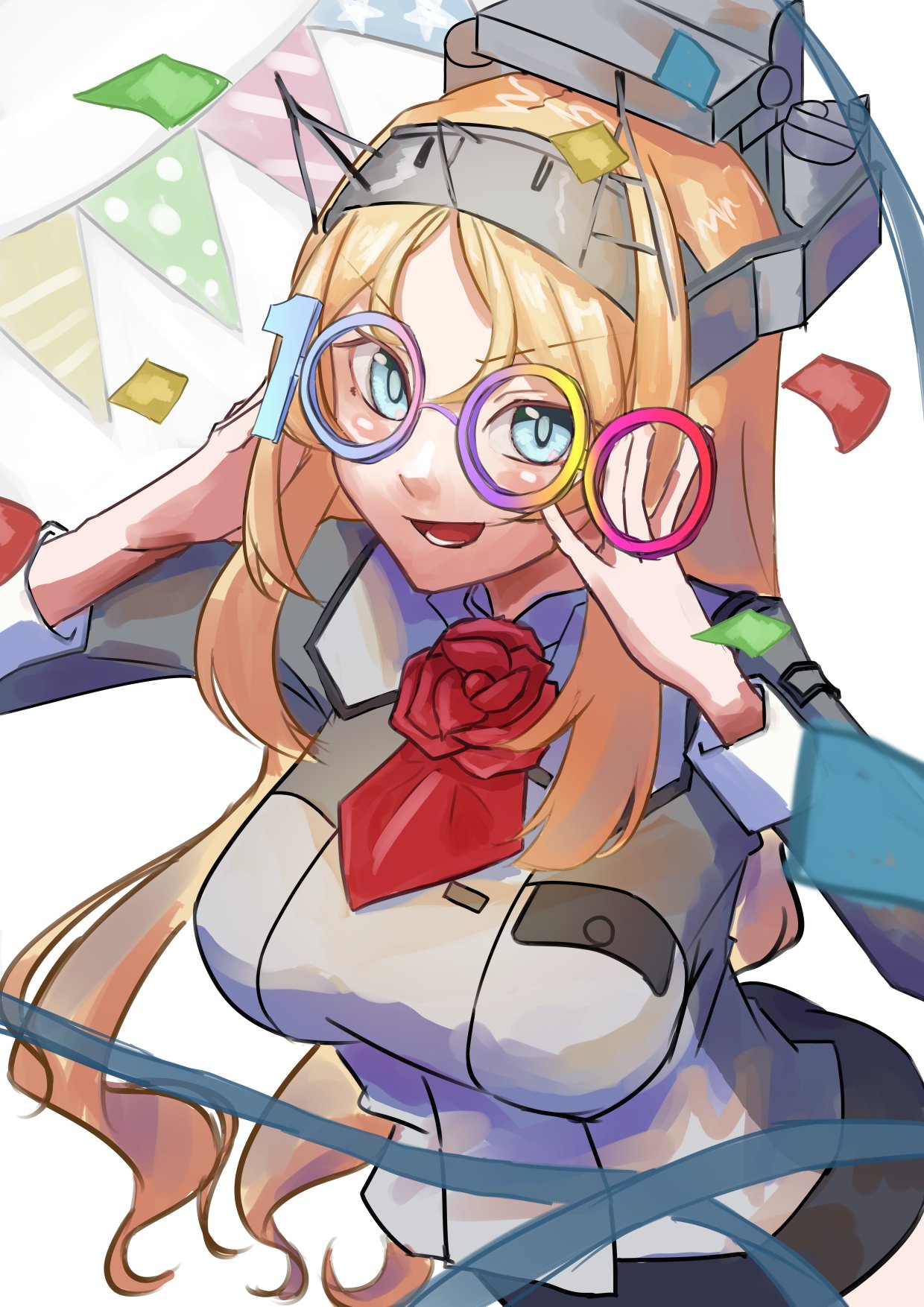 1girl ascot blonde_hair blue_eyes breasts fancy_glasses flower headgear highres kantai_collection large_breasts lensless_glasses long_sleeves milestone_celebration military military_uniform nelson_(kancolle) panda_(heart_sink) red_flower red_neckwear red_rose rose simple_background solo string_of_flags uniform upper_body white_background