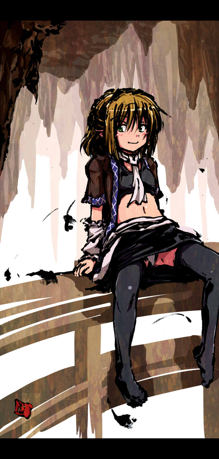 1girl arm_warmers bangs black_legwear black_skirt blonde_hair blush breasts bridge brown_shirt calligraphy_brush_(medium) closed_mouth commentary_request eyebrows_visible_through_hair full_body green_eyes hair_between_eyes half_updo highres ink_wash_painting letterboxed looking_to_the_side mizuhashi_parsee navel no_shoes open_clothes open_shirt panties pantyshot pointy_ears railing scarf shirt short_hair short_sleeves sitting sitting_on_railing skirt small_breasts smile solo sports_bra stalactite sumi-e thigh-highs touhou umarutsufuri underwear white_panties white_scarf