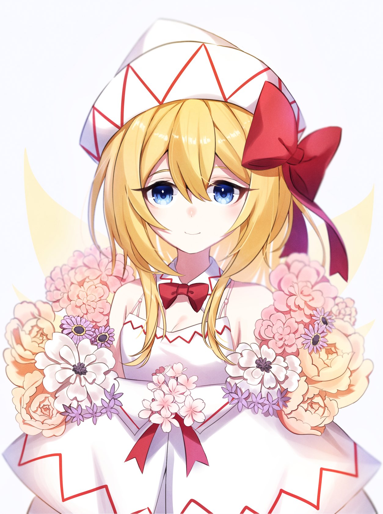 1girl adapted_costume ametama_(runarunaruta5656) bangs blonde_hair blue_eyes bow closed_mouth detached_collar fairy_wings flower hair_between_eyes hair_bow highres lily_white long_hair looking_at_viewer orange_flower pink_flower purple_flower simple_background smile solo touhou upper_body white_background white_flower white_headwear wings yellow_wings