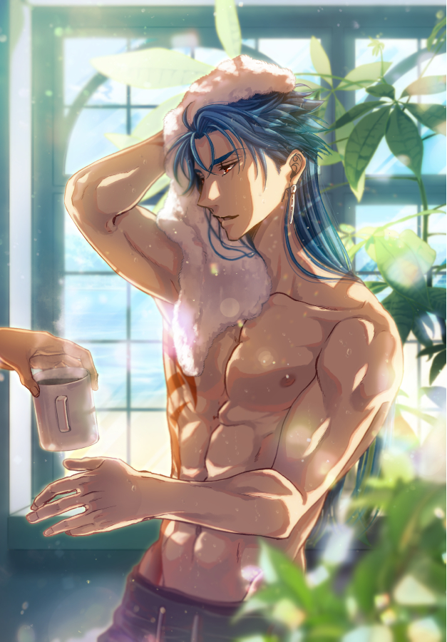 1boy abs alternate_hairstyle biceps blue_hair bodypaint coffee_mug cu_chulainn_(fate)_(all) cu_chulainn_(fate/stay_night) cup drying drying_hair earrings fate/stay_night fate_(series) getueika groin hair_down indoors jewelry long_hair male_focus mug muscular muscular_male navel nipples open_mouth pectorals red_eyes shirtless smile spiky_hair towel window