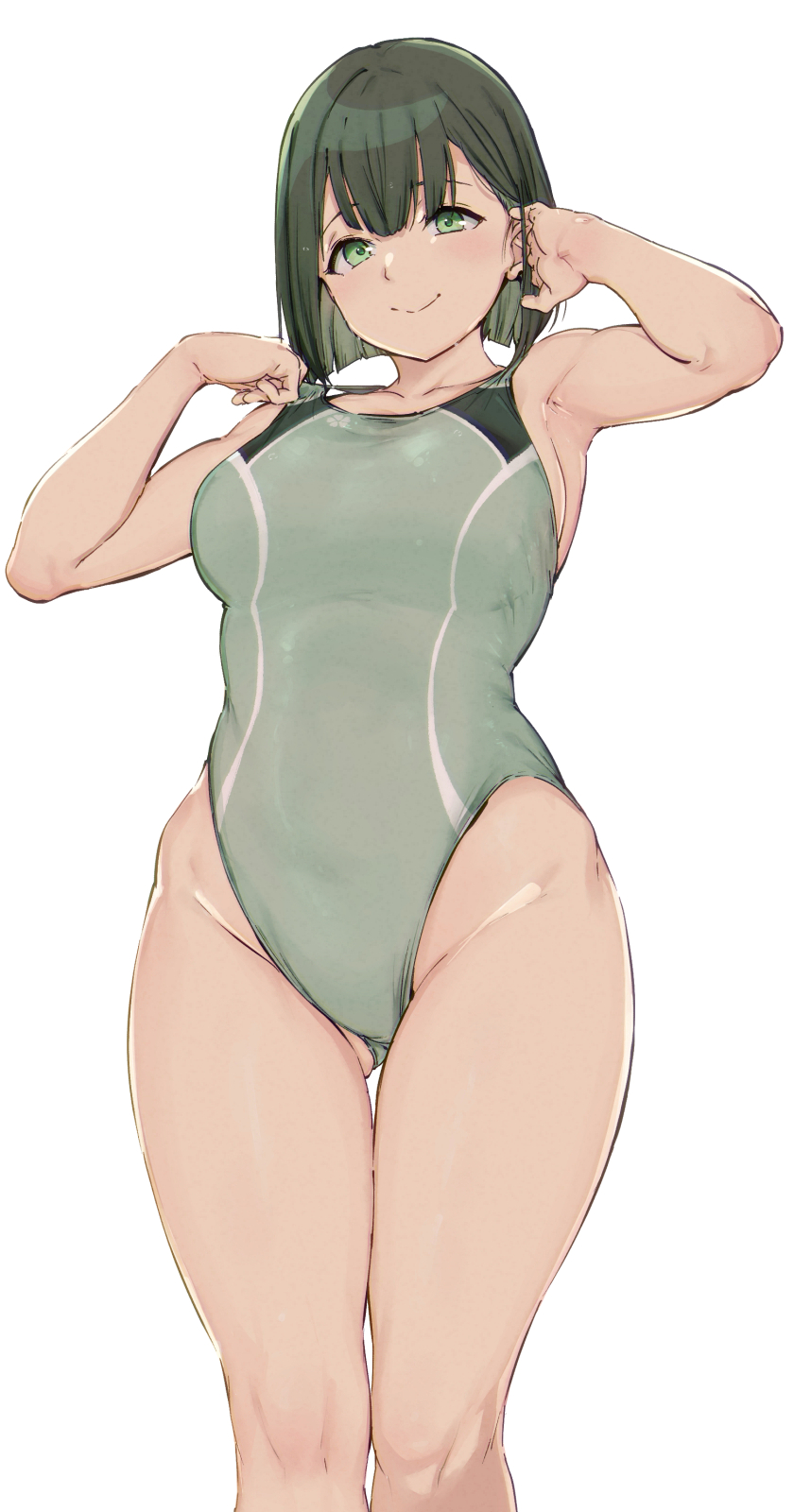 1girl alp black_hair bob_cut breasts competition_swimsuit feet_out_of_frame green_eyes green_swimsuit groin highres looking_at_viewer medium_breasts one-piece_swimsuit original short_hair simple_background smile solo swimsuit thick_thighs thigh_gap thighs white_background