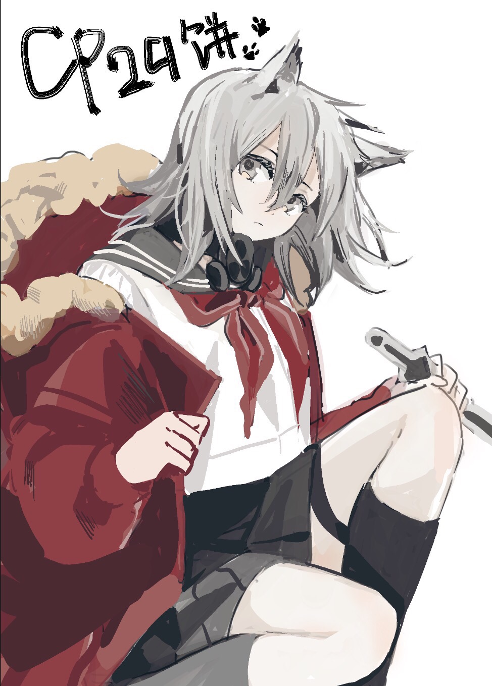 1girl alternate_costume animal_ears arknights black_legwear black_skirt commentary feet_out_of_frame fur-trimmed_hood fur_trim grey_eyes grey_hair hair_between_eyes highres holding holding_knife hood jacket knife long_hair looking_at_viewer mask mask_around_neck one_knee open_clothes open_jacket pleated_skirt projekt_red_(arknights) red_(girllove) red_jacket red_neckwear school_uniform serafuku shirt skirt socks solo white_shirt wolf_ears