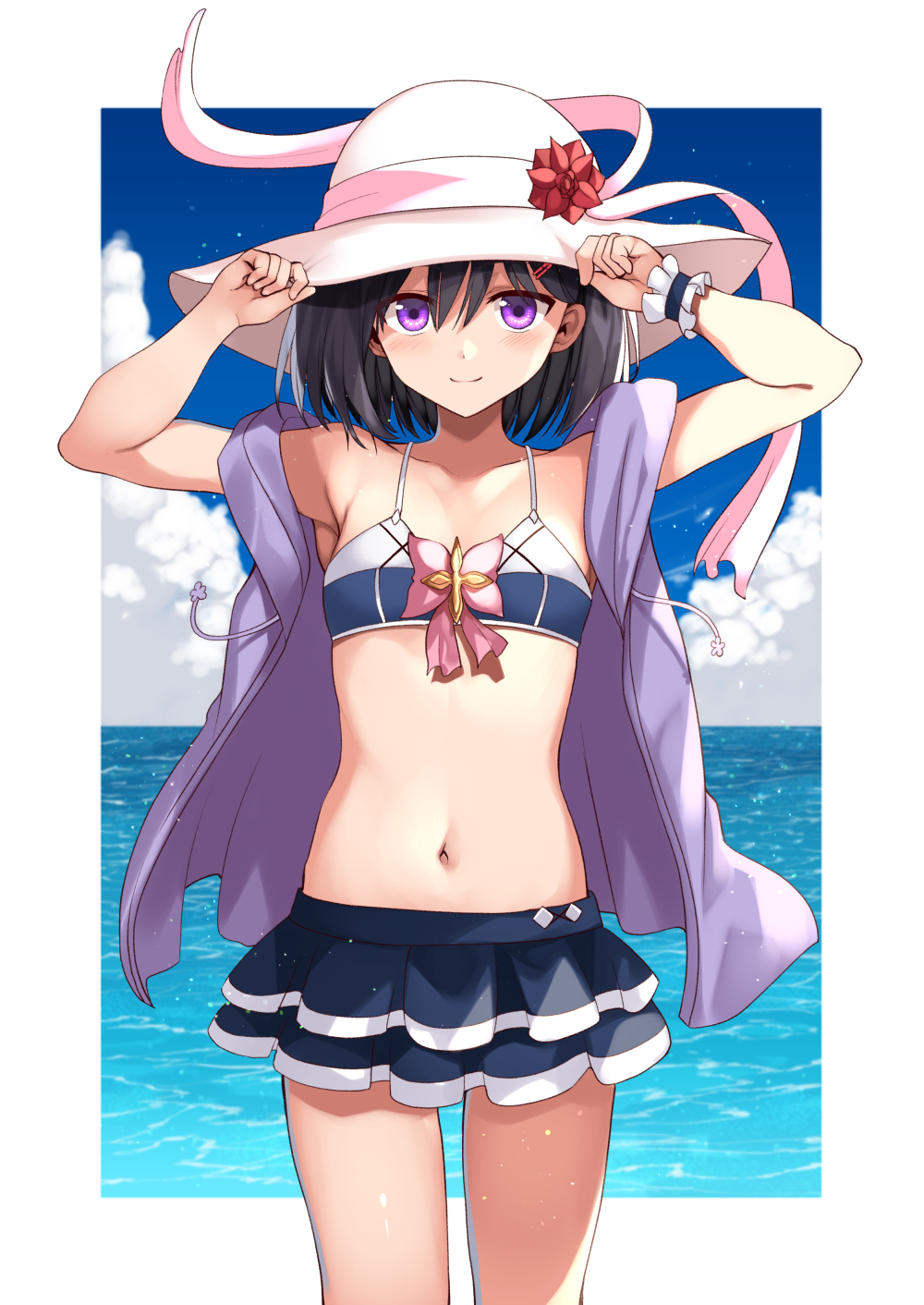 1girl armpits arms_up bare_arms bare_shoulders black_hair black_skirt drawstring hat highres jacket layered_skirt looking_at_viewer mahcdai midriff miniskirt navel off_shoulder open_clothes open_jacket original purple_jacket short_hair skirt sleeveless sleeveless_jacket smile solo spaghetti_strap stomach sun_hat thighs violet_eyes white_headwear wrist_cuffs
