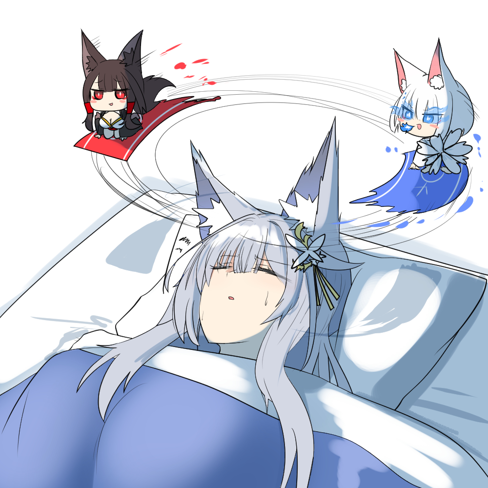 3girls akagi_(azur_lane) akaoni_(zumt3548) animal_ear_fluff animal_ears azur_lane black_kimono blanket blue_eyes breasts brown_hair brown_tail chibi eyeliner fox_ears fox_girl fox_tail futon japanese_clothes kaga_(azur_lane) kaga_(white_fox's_new_year_greetings)_(azur_lane) kimono kitsune kyuubi large_breasts makeup multiple_girls multiple_tails pillow red_eyes shinano_(azur_lane) sleeping tail under_covers white_hair white_kimono white_tail