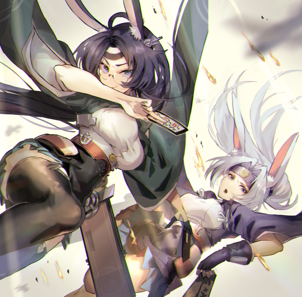 2girls anchor_symbol animal_ear_fluff animal_ears azur_lane black_gloves black_hair black_legwear blue_eyes breasts card chrysanthemum coat falling fingerless_gloves flight_deck flower glasses gloves green_coat green_skirt hiryuu_(azur_lane) holding holding_card long_hair looking_at_viewer medium_breasts miniskirt moji_(mojimozis) multiple_girls pleated_skirt rabbit_ears skirt smile souryuu_(azur_lane) thigh-highs very_long_hair white_hair wide_sleeves