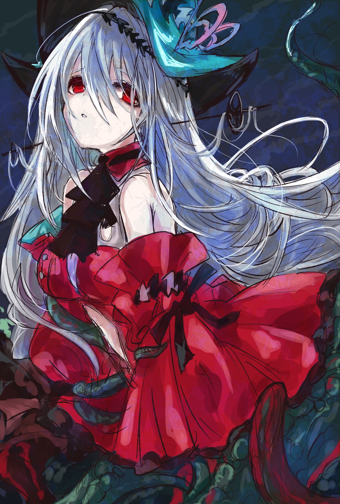 1girl an_fyhx aqua_headwear arknights ascot bangs bare_shoulders black_neckwear breasts choker closed_mouth commentary_request dress eyebrows from_side hair_between_eyes hair_ornament hat highres long_hair looking_at_viewer looking_to_the_side medium_breasts red_choker red_dress red_eyes sidelocks silver_hair skadi_(arknights) skadi_the_corrupting_heart_(arknights) sketch solo upper_body very_long_hair wide_sleeves witch_hat