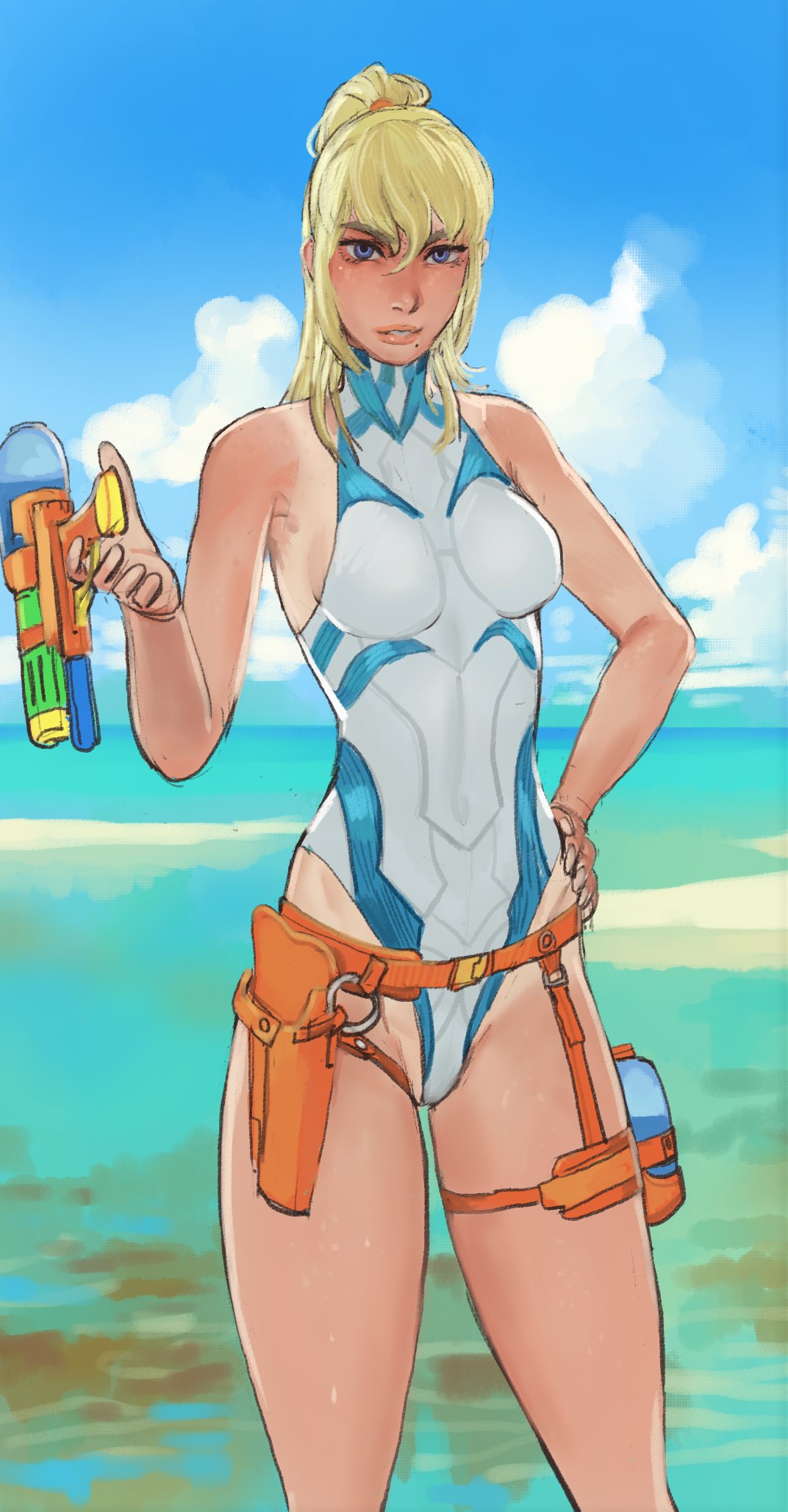 1girl adapted_costume beach blonde_hair blue_eyes breasts competition_swimsuit day highres holster long_hair long_legs looking_at_viewer medium_breasts metroid metroid_dread mismatched_eyebrows mole mole_under_mouth mossacannibalis ocean one-piece_swimsuit one-piece_tan ponytail samus_aran solo summer swimsuit tan tanline thick_eyebrows thigh_holster water_gun wet white_swimsuit