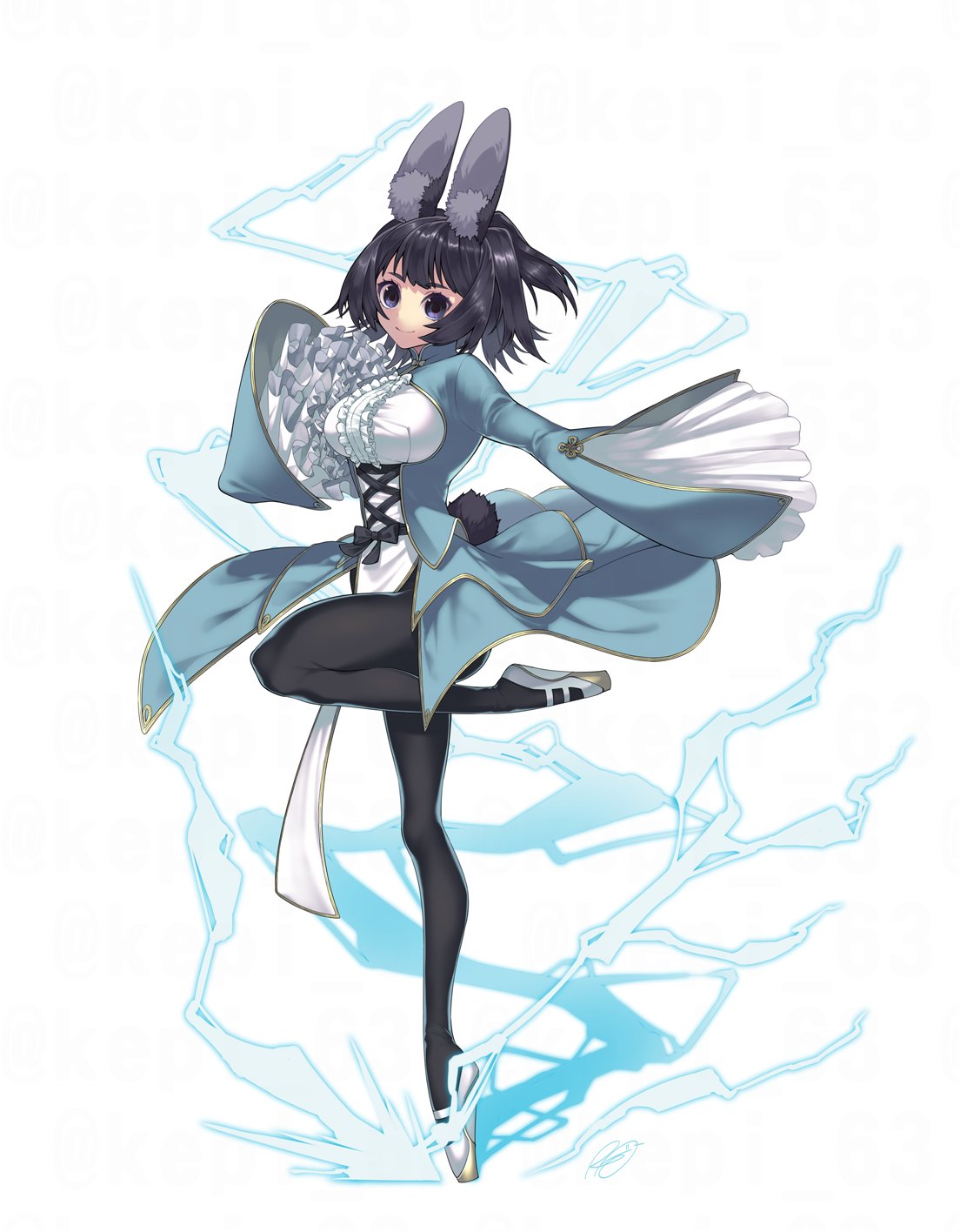 1girl animal_ear_fluff animal_ears aqua_dress black_hair black_legwear breasts dress frilled_sleeves frills highres leg_up lightning long_sleeves medium_breasts original rkp shadow shoes simple_background solo usachan_(rkp) white_background white_footwear wide_sleeves