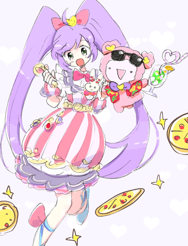 1girl ahoge bangs blush bow cup dress drinking_straw eyebrows_visible_through_hair eyewear_on_head food green_eyes hair_bow heart kuma_(pripara) long_hair manaka_lala mokeo open_mouth pink_bow pizza pretty_(series) pripara purple_background purple_hair rabbit simple_background sparkle striped striped_dress sunglasses twintails