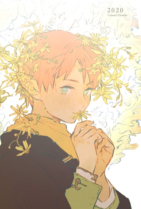 1boy 2020 bangs blue_eyes blush closed_mouth flower holding holding_flower lingcod_dayu long_sleeves male_focus orange_hair original pointy_ears simple_background solo tunic upper_body yellow_flower