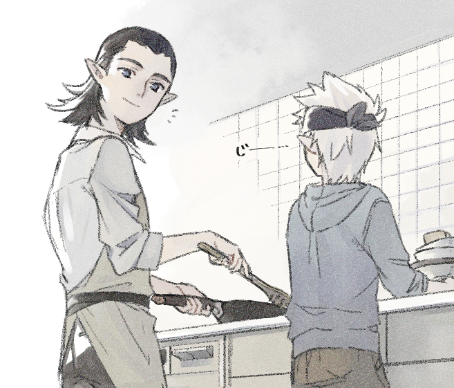 2boys apron black_hair blue_hoodie collared_shirt dishes frying_pan guan_xuan_(the_legend_of_luoxiaohei) hood hood_down hoodie long_sleeves looking_at_viewer medium_hair multiple_boys pointy_ears shirt short_hair smile the_legend_of_luo_xiaohei tile_wall tiles triple_bambi upper_body white_hair white_shirt yi_feng_(the_legend_of_luoxiaohei)