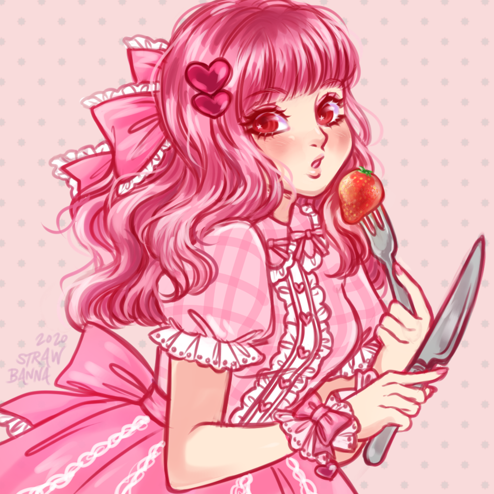 1girl 2020 :o bangs blunt_bangs blush bow buttons collared_dress cuffs curly_hair dress eating fashion food fork frills fruit gingham hair_bow hair_ornament heart heart_hair_ornament holding holding_fork holding_knife knife lace lace_trim lolita_fashion open_mouth original pink_background pink_dress pink_eyes pink_hair pink_nails polka_dot polka_dot_background puffy_short_sleeves puffy_sleeves red_eyes ribbon short_sleeves signature solo strawbanna strawberry striped
