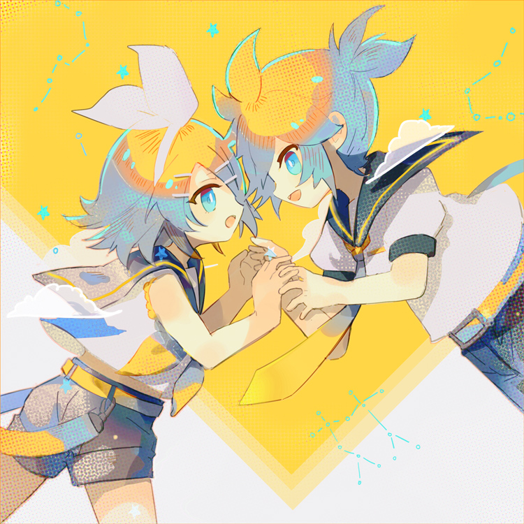 1boy 1girl bangs belt black_collar black_shorts blonde_hair blue_eyes bow brother_and_sister collar collared_shirt commentary constellation fang floating gemini gemini_(vocaloid) hair_bow hair_ornament hairclip holding_hands kagamine_len kagamine_rin looking_at_another necktie neckwear open_mouth sailor_collar shirt short_ponytail short_shorts short_sleeves shorts siblings sleeveless sleeveless_shirt smile soriku spiky_hair swept_bangs twins vocaloid white_bow white_shirt yellow_neckwear