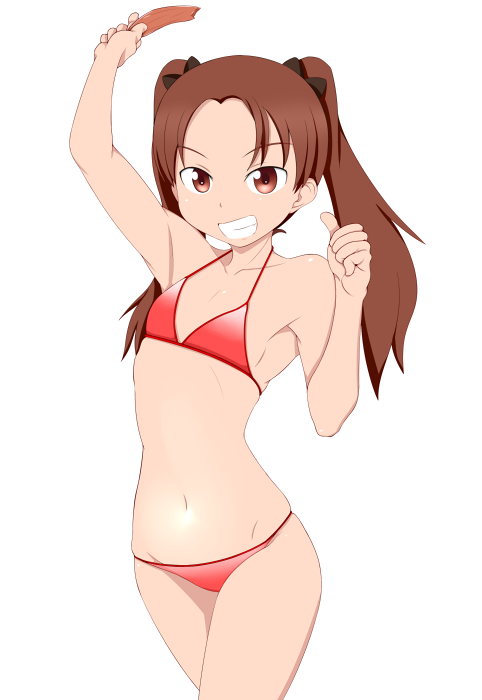 1girl arm_up bangs bikini black_bow bow breasts brown_eyes brown_hair chips cowboy_shot eyebrows_visible_through_hair food girls_und_panzer grin hair_bow holding holding_food kadotani_anzu long_hair looking_at_viewer navel parted_bangs potato_chips red_bikini simple_background skindentation small_breasts smile solo standing swimsuit tanaka_rikimaru thumbs_up twintails white_background