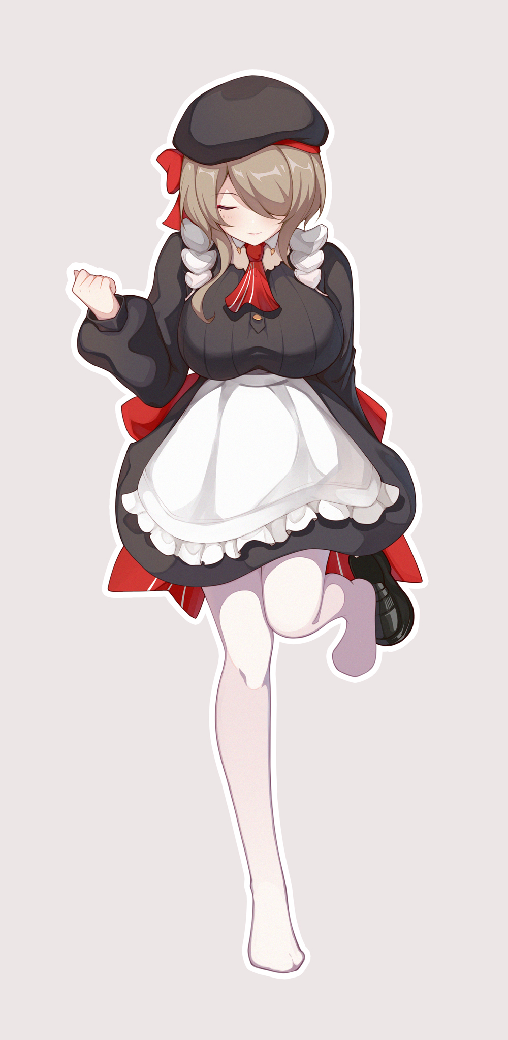 1girl apron beret black_footwear black_headwear breasts brown_hair closed_eyes closed_mouth full_body genshin_impact grey_background hair_over_one_eye hat highres holding holding_shoes honkai_(series) honkai_impact_3rd kana_(ky4696) long_sleeves maid mole mole_under_eye necktie noelle_(genshin_impact) pantyhose removing_shoes rita_rossweisse shoes short_hair simple_background smile solo white_legwear