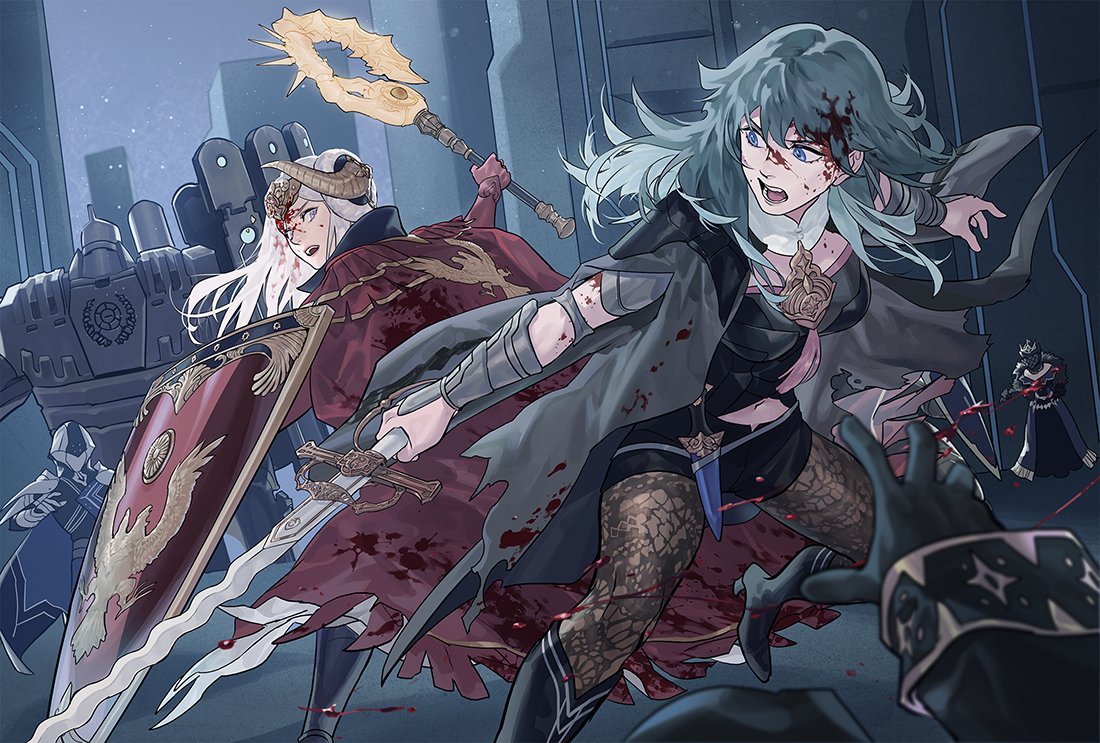 2girls axe aymr_(fire_emblem) battle bleeding blood bloody_clothes boots byleth_(fire_emblem) byleth_eisner_(female) byuub cape clothing_cutout edelgard_von_hresvelg fire_emblem fire_emblem:_three_houses green_hair horned_headwear injury multiple_girls navel_cutout night open_mouth pantyhose shield short_shorts shorts silver_hair sword tiara weapon