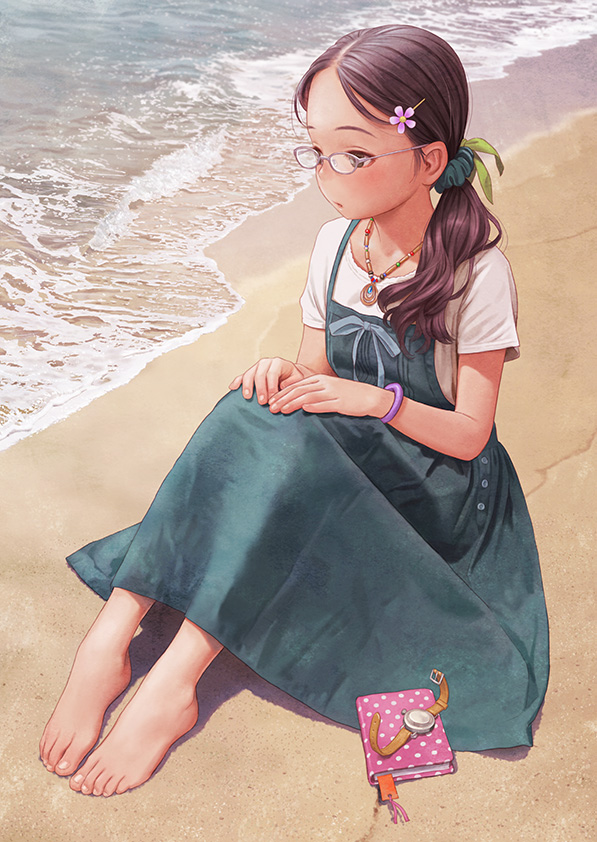 1girl barefoot beach book brown_hair dress feet full_body glasses green_eyes hair_ornament hairclip jewelry long_hair murata_range necklace ocean original pinafore_dress plantar_flexion ponytail sitting solo toes watch watch