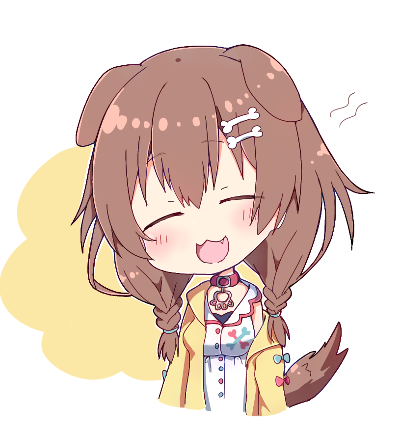 1girl :3 animal_collar animal_ears bangs blush bone_hair_ornament braid brown_eyes brown_hair chibi closed_eyes collar dog_ears dog_girl dog_tail dress extra_ears fang hair_between_eyes hair_ornament hairclip hololive inugami_korone jacket long_hair low_twin_braids off_shoulder open_mouth rabiiandrain red_collar smile solo tail twin_braids twintails virtual_youtuber white_dress yellow_jacket |d