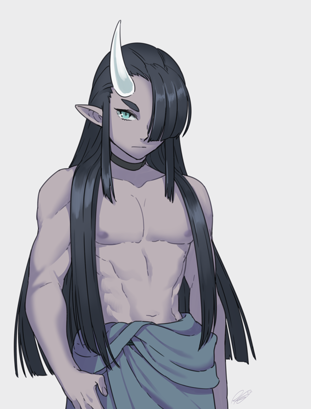 1boy abs black_choker black_hair choker dark-skinned_male dark_skin fenghua_(the_legend_of_luoxiaohei) hair_over_one_eye horns long_hair male_focus pectorals pointy_ears rkp shadow shirtless signature simple_background single_horn solo the_legend_of_luo_xiaohei white_background white_horns