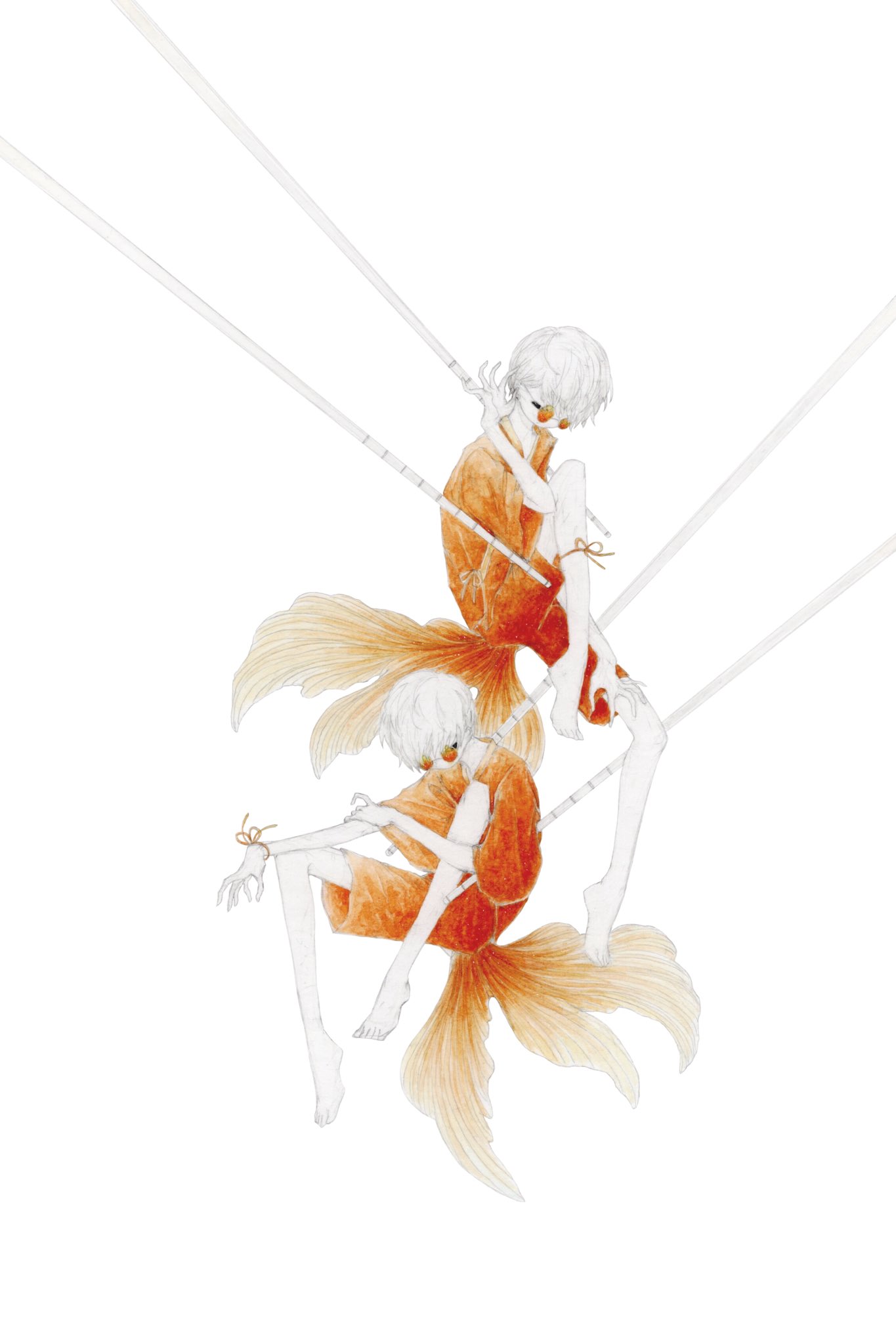 ambiguous_gender bare_legs barefoot black_eyes chopsticks fish goldfish highres knees_up limited_palette orange-tinted_eyewear orange_shirt orange_shorts original personification round_eyewear shirt short_hair shorts simple_background tembin_3 white_background white_hair