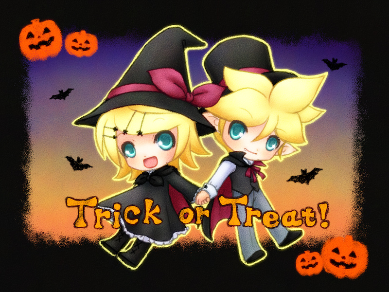 1boy 1girl :d bangs bat_(animal) blonde_hair blue_eyes bow cape chibi dress english_text frilled_dress frills hair_ornament hairclip halloween hat hat_bow hat_ribbon holding_hands jack-o'-lantern kagamine_len kagamine_rin kayano_celica long_sleeves open_mouth pantyhose parted_bangs pointy_ears popped_collar ribbon short_hair smile top_hat trick_or_treat vest vocaloid witch_hat