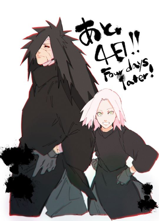 1boy 1girl black_hair female haruno_sakura male naruto naruto_(series) pink_hair uchiha_madara