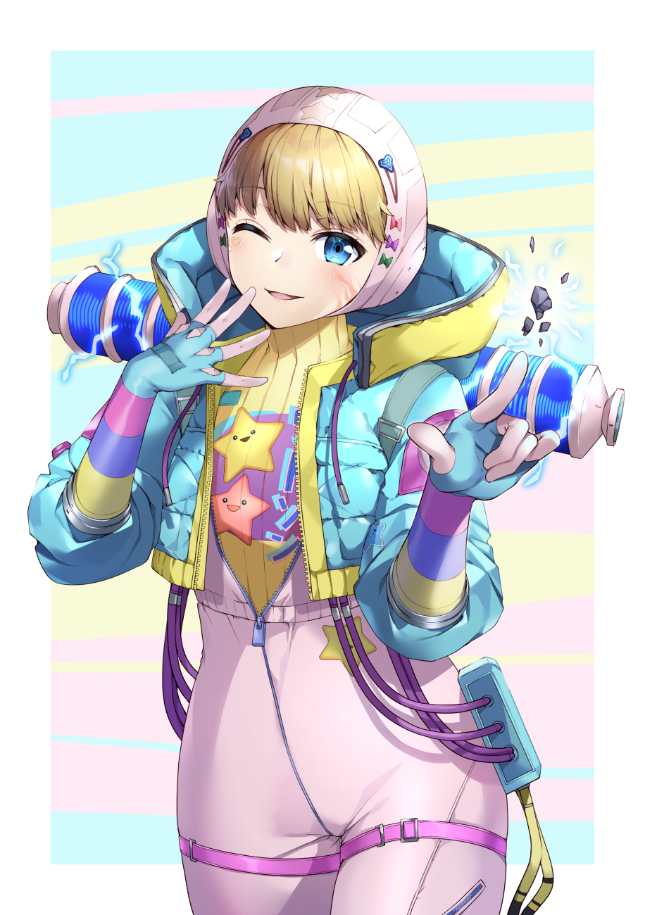 1girl \m/ apex_legends bangs blonde_hair blue_eyes blue_gloves blue_jacket bodysuit bon_(bonbon315) cable eyebrows_visible_through_hair gloves highres hood hooded_jacket jacket kawaii_voltage_wattson one_eye_closed open_mouth pink_bodysuit pink_headwear ribbed_bodysuit rock scar scar_on_cheek scar_on_face smile solo thigh_strap wattson_(apex_legends) yellow_bodysuit