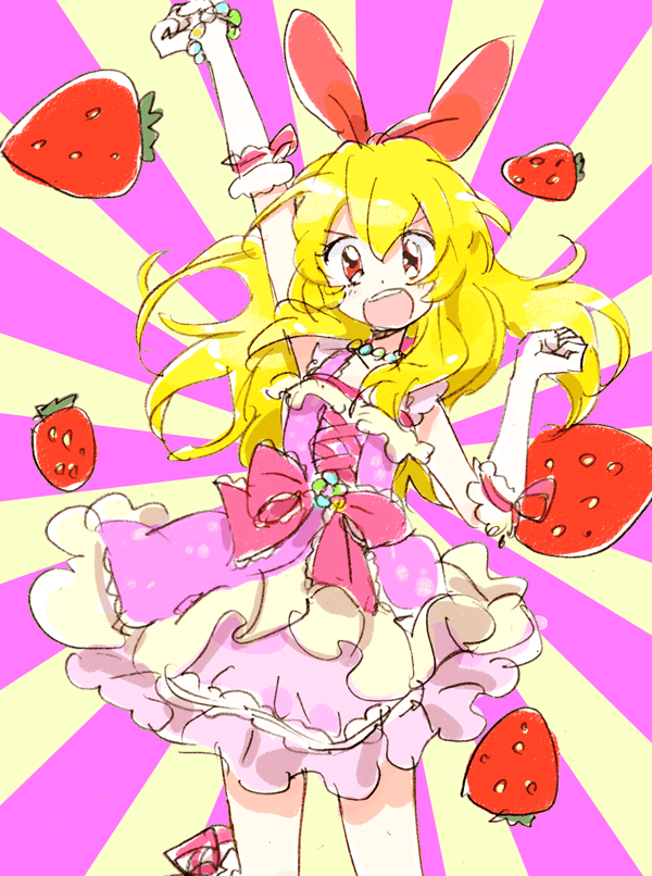 1girl aikatsu! aikatsu!_(series) arm_up bangs bead_bracelet bead_necklace beads blonde_hair bow bracelet dress elbow_gloves eyebrows_visible_through_hair food fruit gloves hair_between_eyes hair_bow hoshimiya_ichigo jewelry long_hair mokeo necklace open_mouth pink_dress red_bow red_eyes simple_background solo strawberry white_gloves
