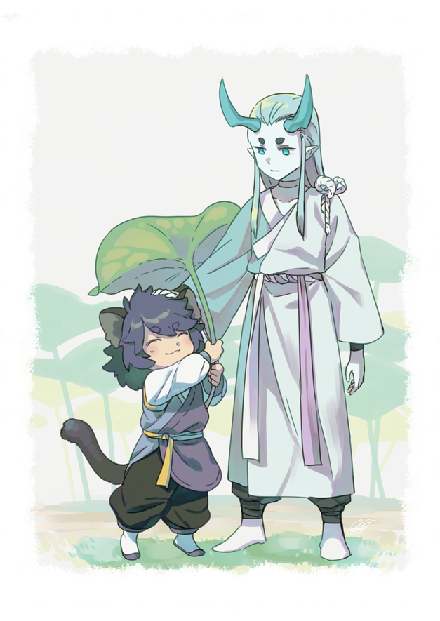 2boys animal_ears aqua_eyes aqua_hair aqua_horns child choker closed_eyes eyebrows_visible_through_hair fengxi_(the_legend_of_luoxiaohei) full_body leaf long_hair long_sleeves multiple_boys plant pointy_ears purple_hair rkp rope smile standing tail the_legend_of_luo_xiaohei xuhuai_(the_legend_of_luoxiaohei) younger